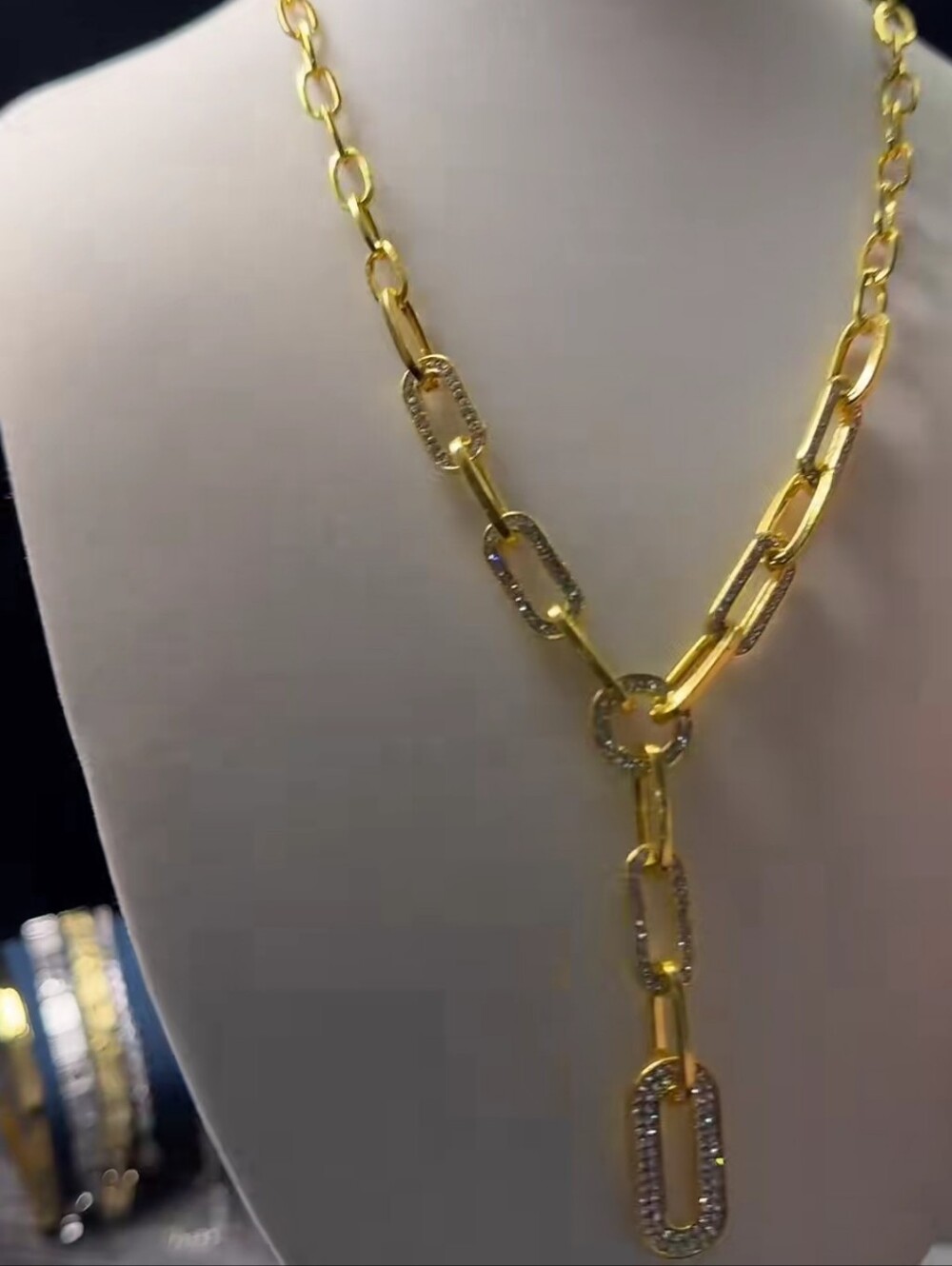 Gold Link Drop Necklace with Pavé Accents